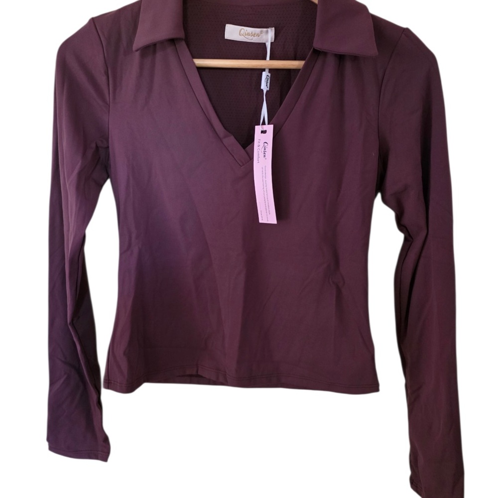 Qinsen Long Sleeve Collared V-Neck Top | Burgundy | Size M | NWT